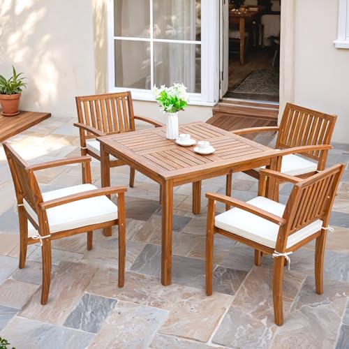 5 Piece Acacia Wood Outdoor Dining Set with Cushions F4941