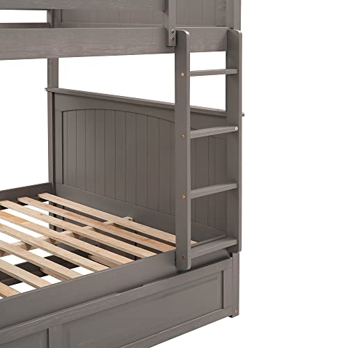 White Twin-Over-Twin Wood Bunk Bed with Trundle and Storage Stairs W536848