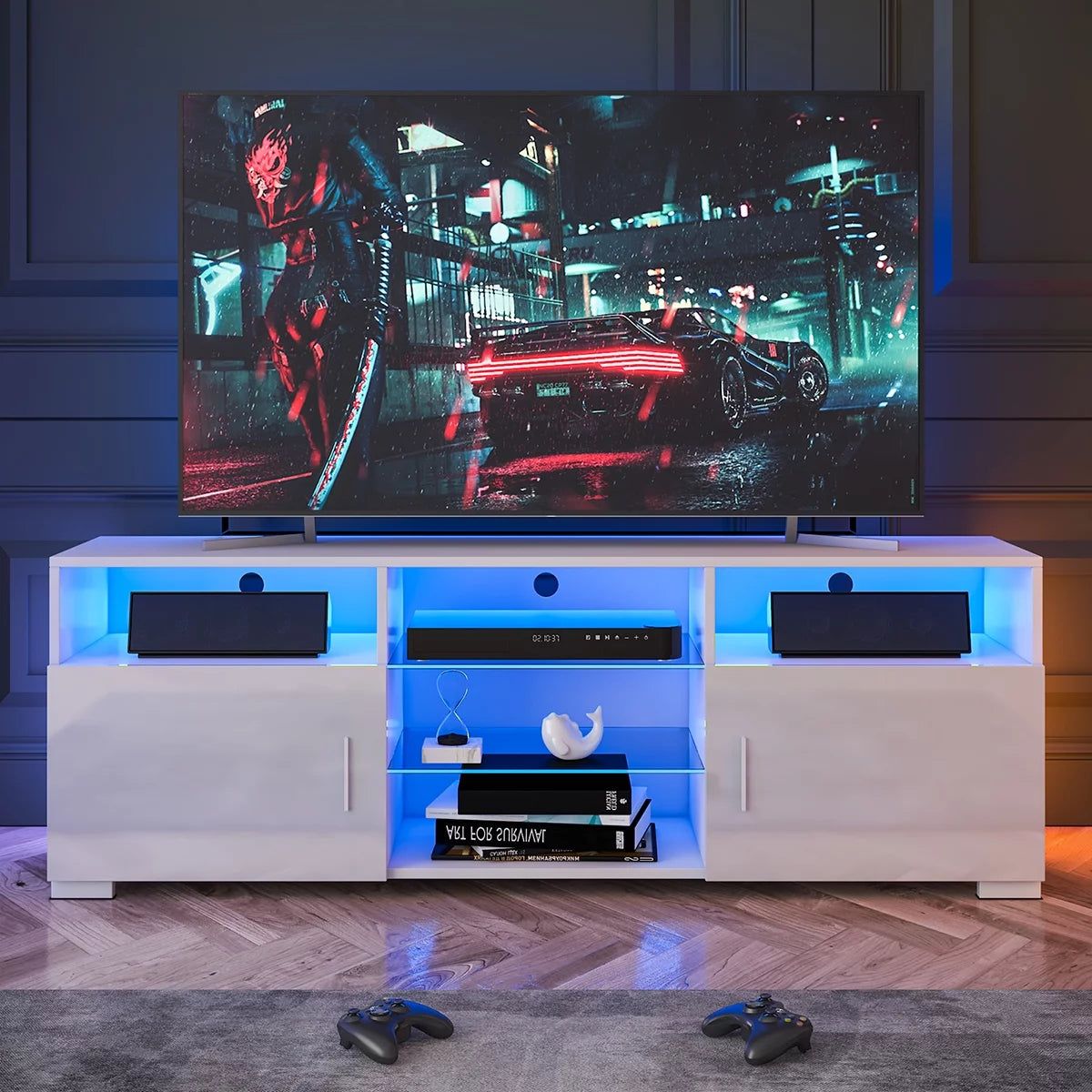 57'' TV Stand with RGB LED Light and Glass Shelves E8966
