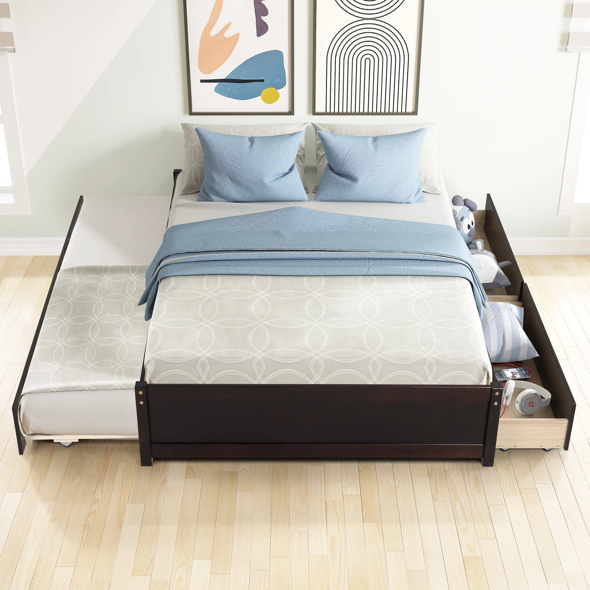 Espresso Wood 2-Drawer Full Size Platform Bed with Trundle G4426