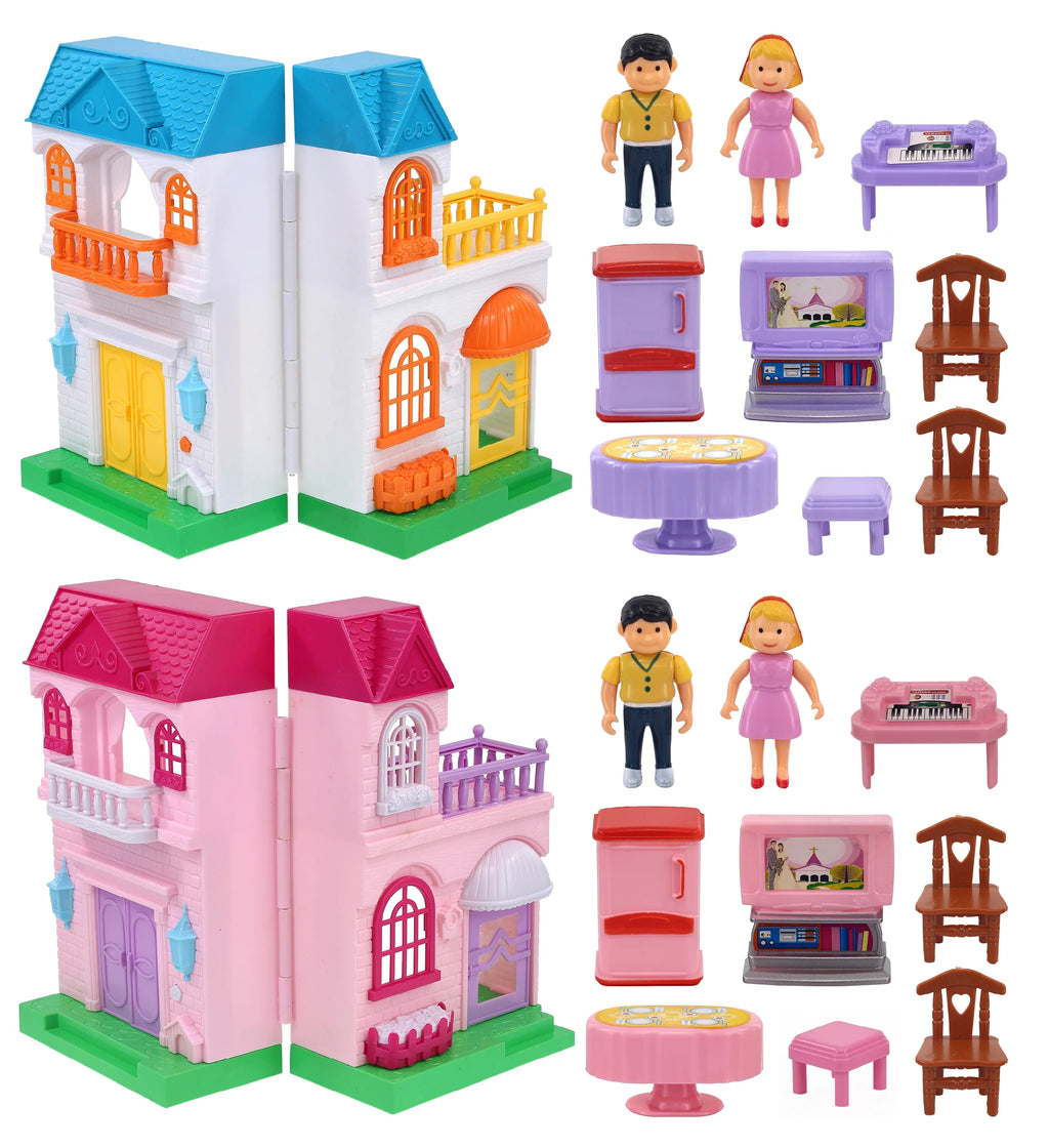 Mini Doll House Playset with 1 Pink House and 1 Blue House Set Z56387