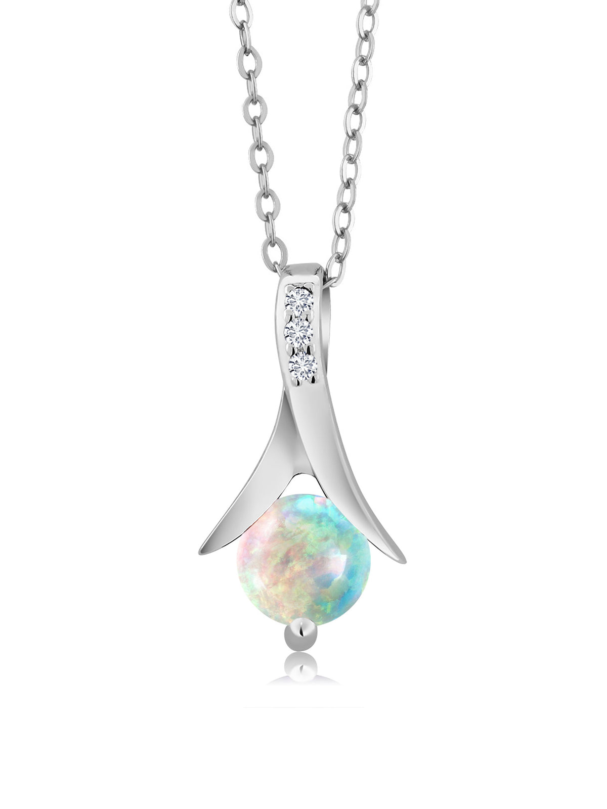1.05 Ct Round Cabochon White Simulated Opal 925 Sterling Silver Pendant with Chain G505375