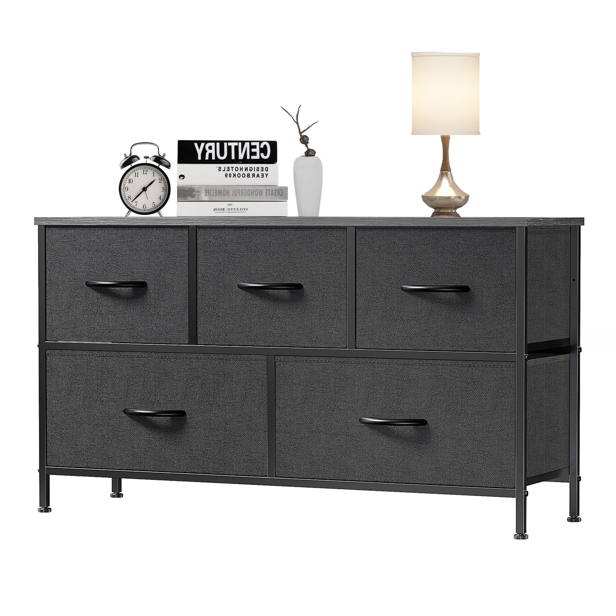 Black 5 Drawer Fabric Dresser with Wood Top Q70635