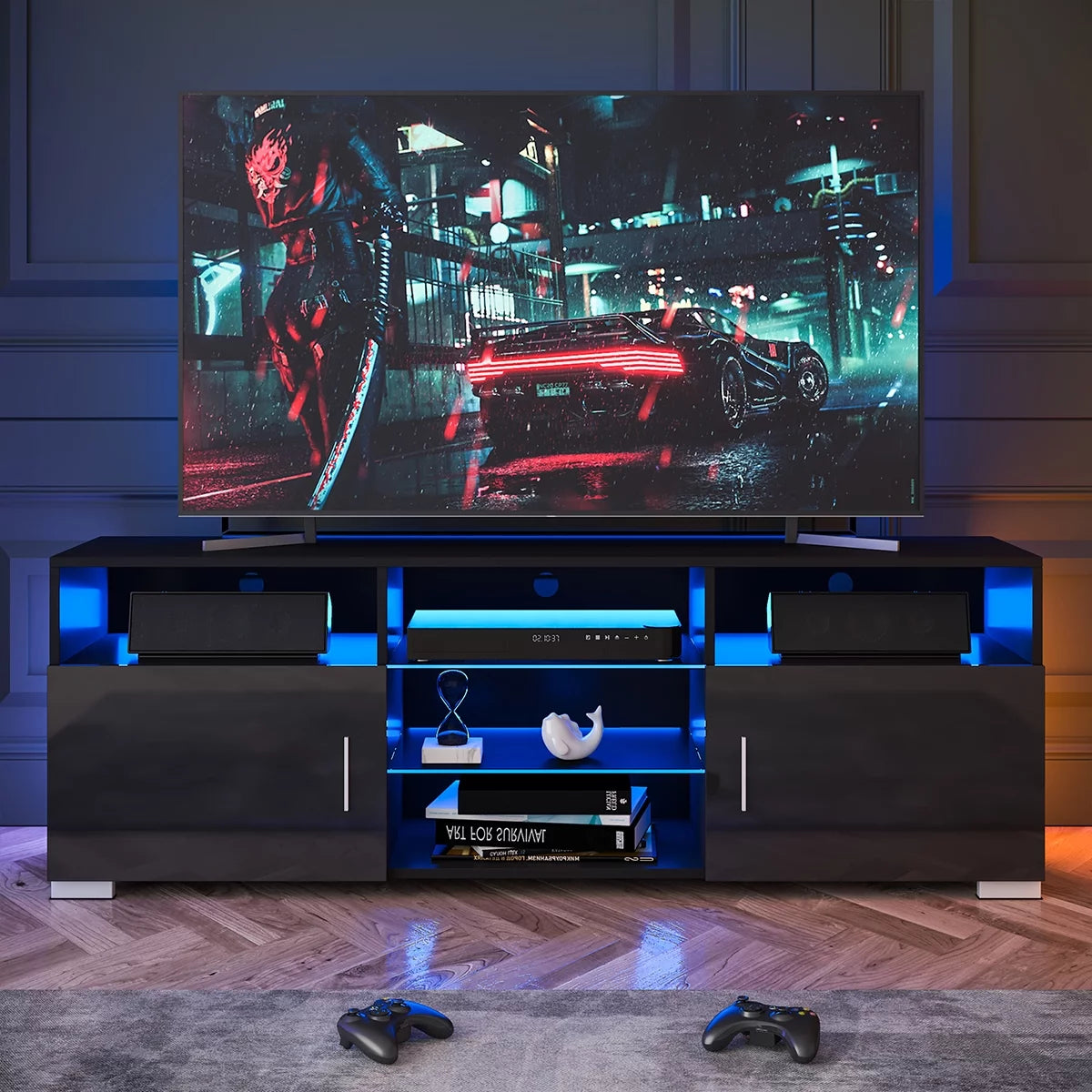 57'' TV Stand with RGB LED Light and Glass Shelves E8966