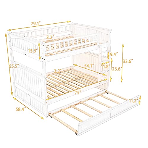 White Twin-Over-Twin Wood Bunk Bed with Trundle and Storage Stairs W536848