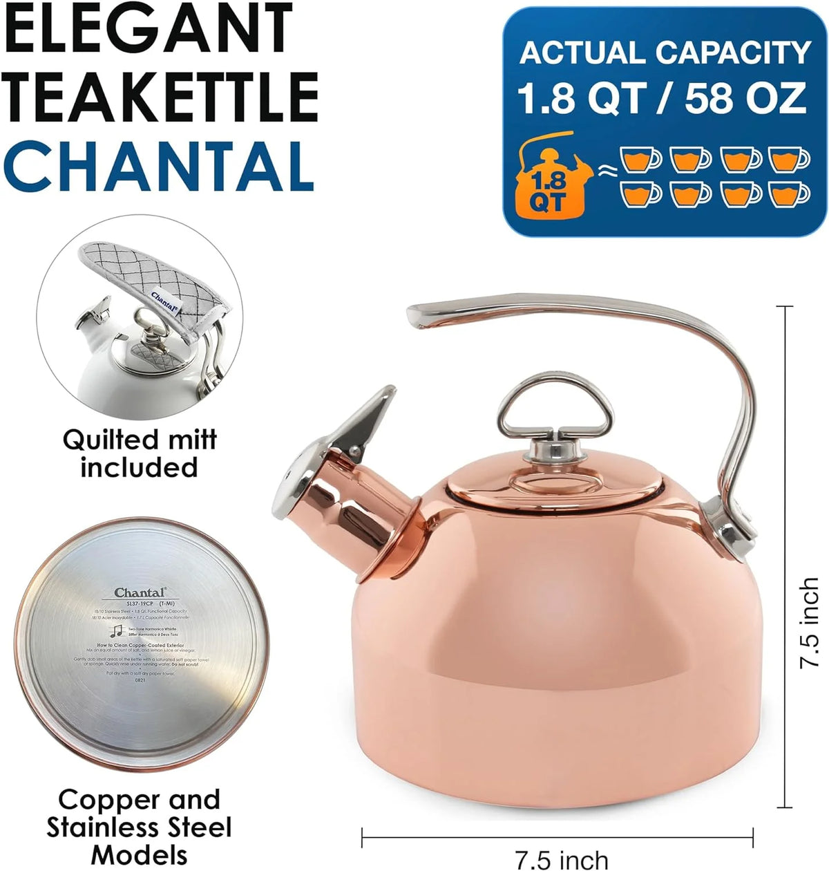 1.8 QT Food Grade Pure Copper Teakettle M91698