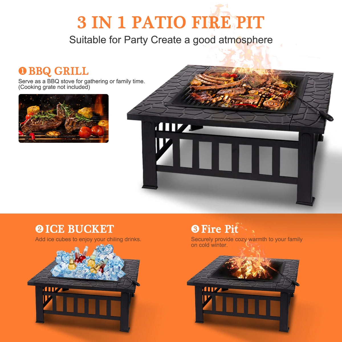 32 inch Square Metal Fire Pit Table with Cover D350